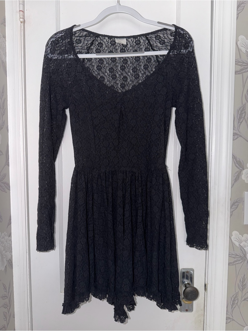 Free People Whimsigoth Black Lace Long-Sleeve Fit & Flare Mini Dress